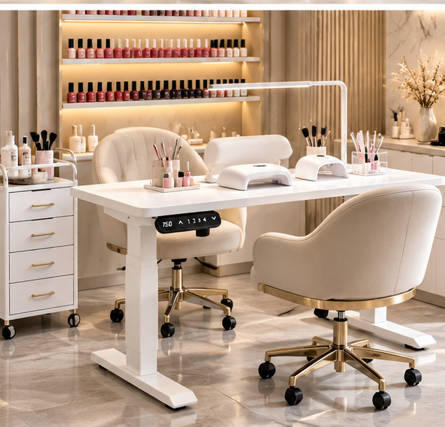 White Electric Height-Adjustable Nail Table for Nail Salons