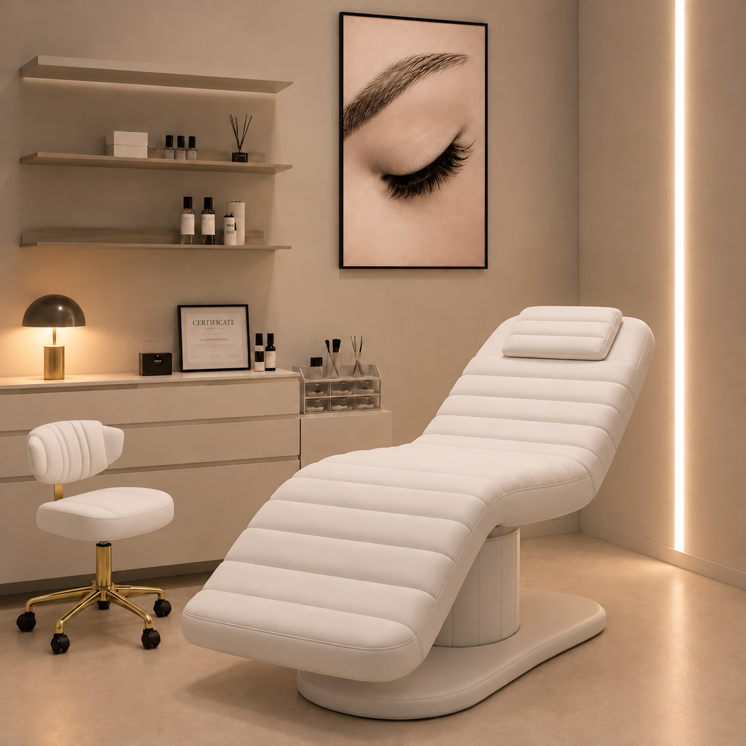 Cream electric facial bed with a white rolling stool and ring light in a bright beauty treatment room