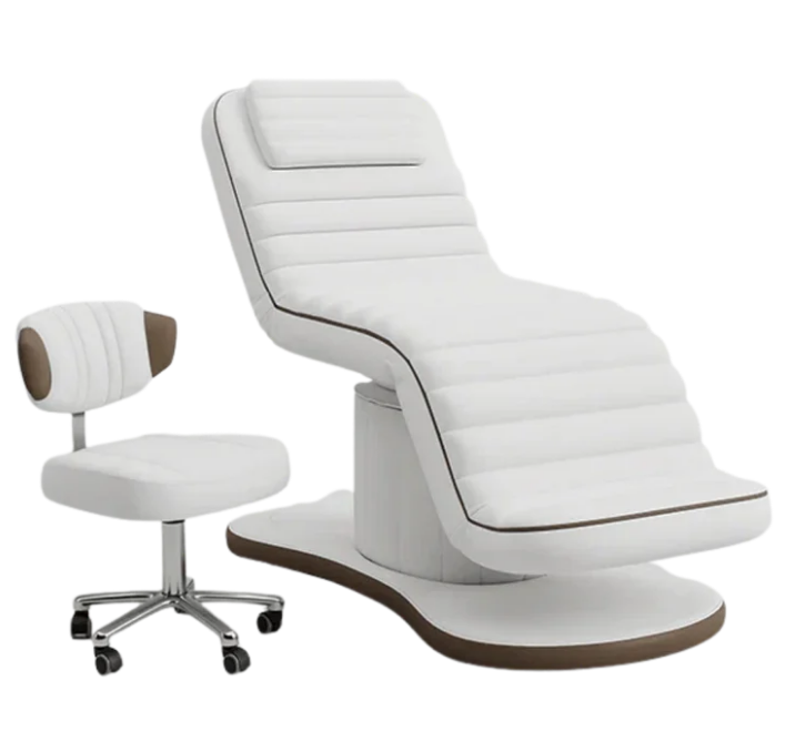 White electric facial bed with brown trim and matching rolling esthetician stool