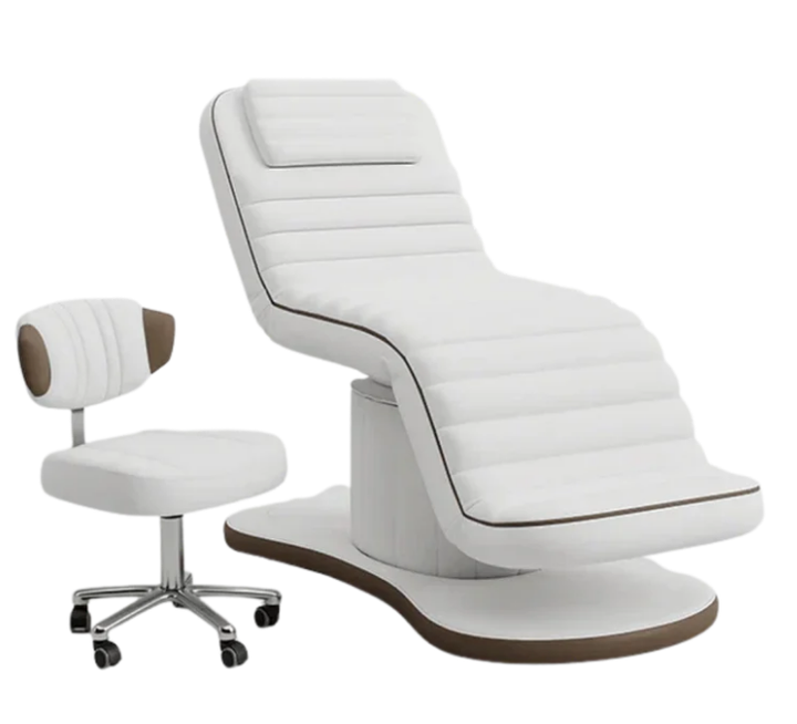 White electric facial bed with brown trim and matching rolling esthetician stool
