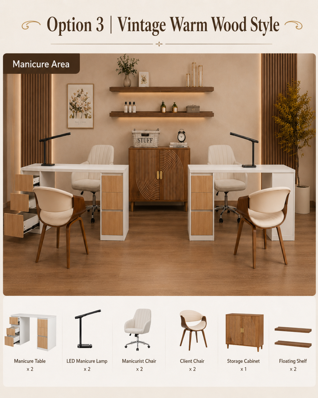 Vintage Warm Wood Style — Manicure Area