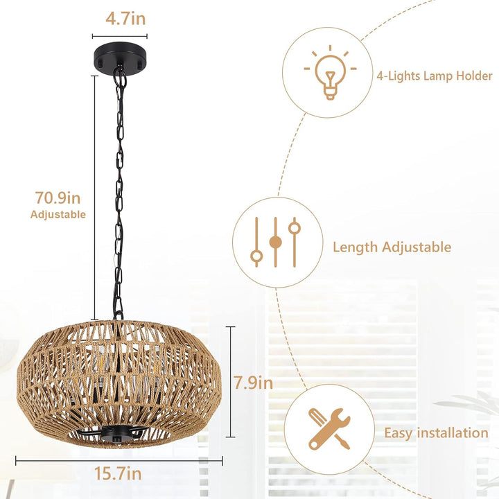 Boho Rattan Chandelier Light Fixture