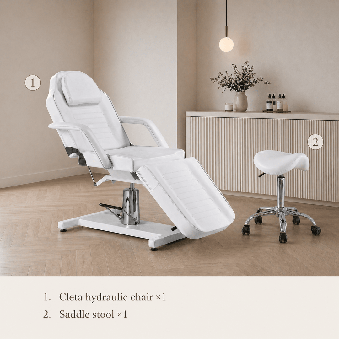 Cleta hydraulic facial bed and white esthetician stool set