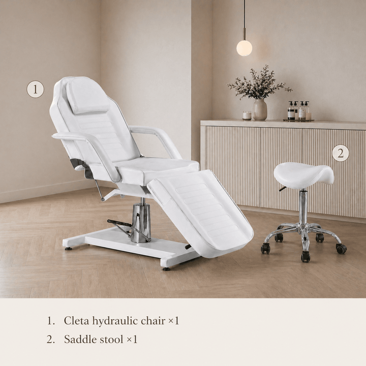 Cleta hydraulic facial bed and white esthetician stool set