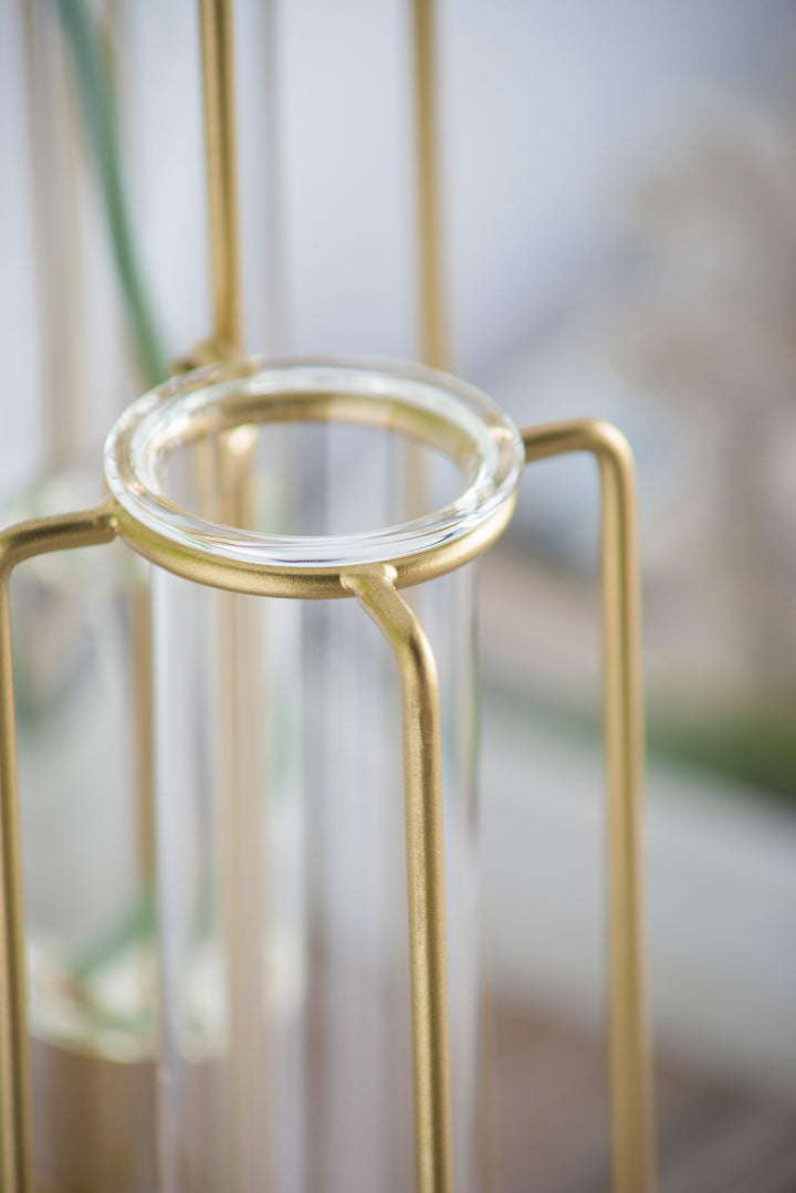 Gold Metal Pedestal Beaker Vase with 3 Glass Tubes