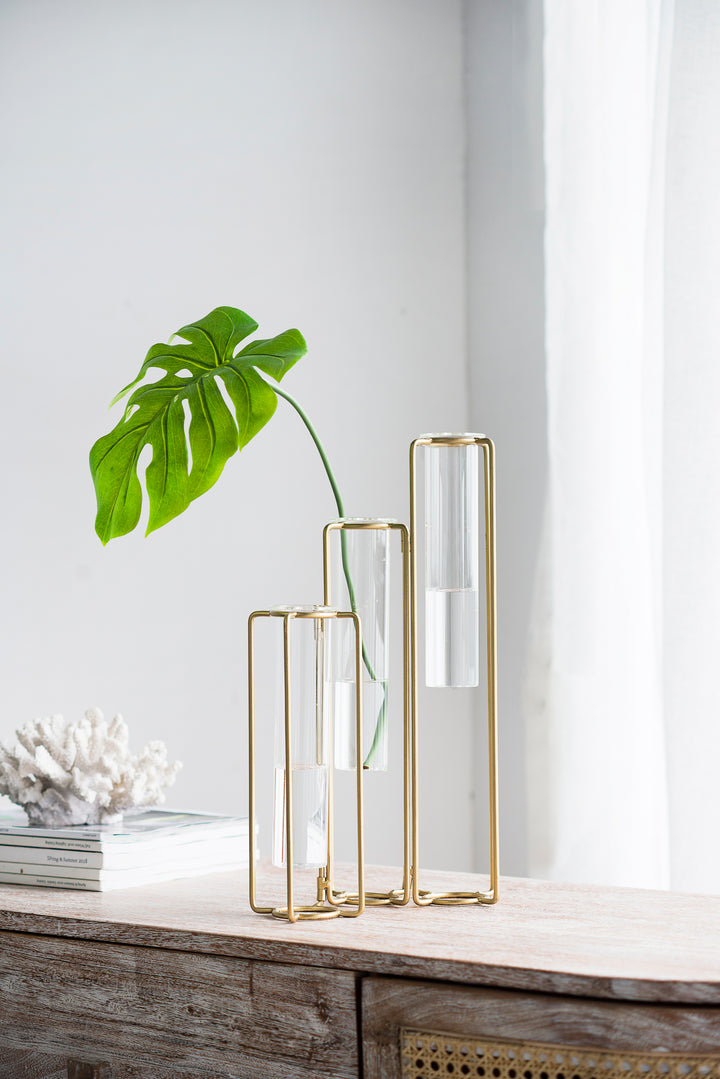 Gold Metal Pedestal Beaker Vase with 3 Glass Tubes