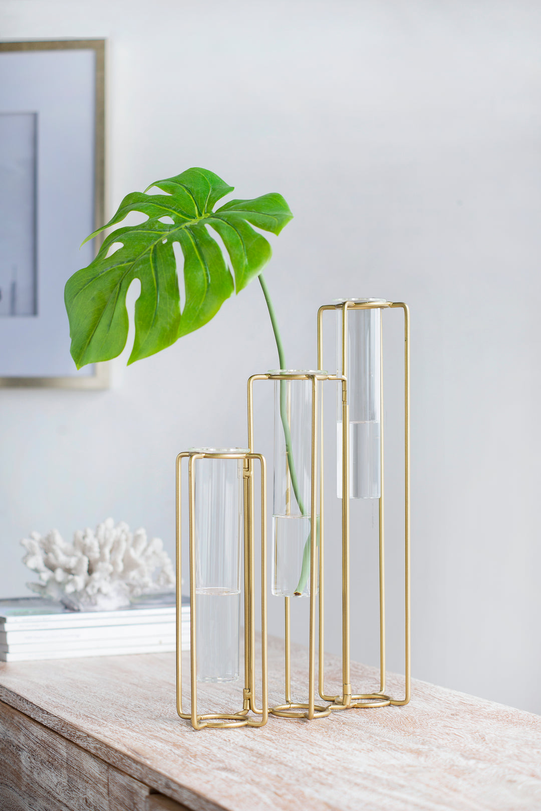 Gold Metal Pedestal Beaker Vase with 3 Glass Tubes