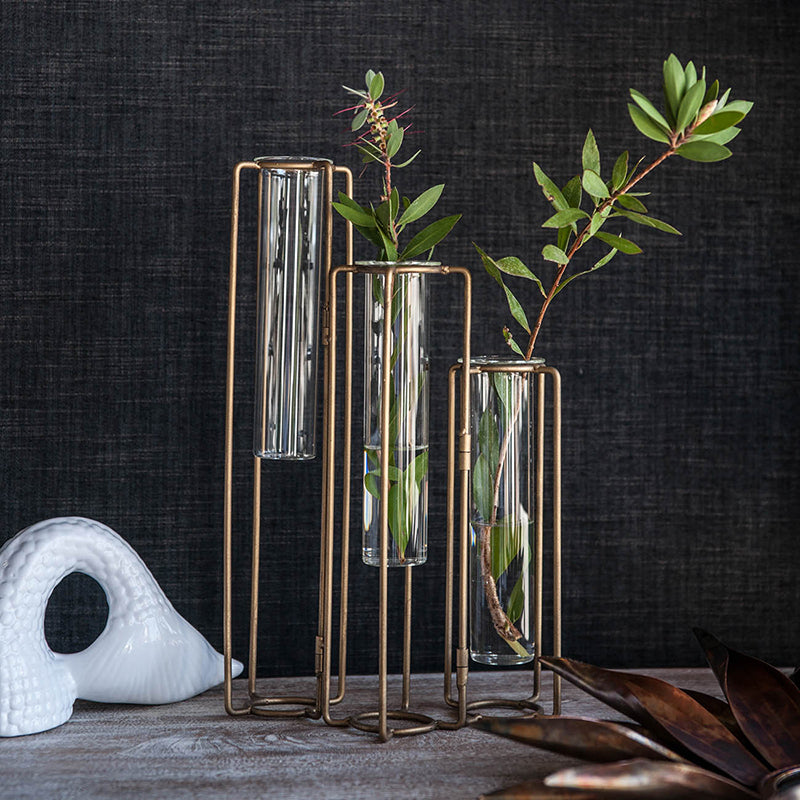 Gold Metal Pedestal Beaker Vase with 3 Glass Tubes