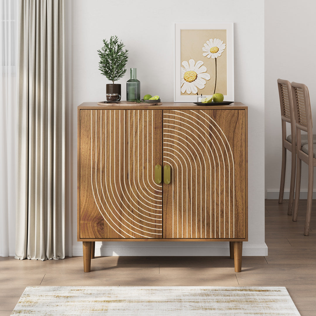 Walnut Salon Storage Cabinet with Line Groove Design