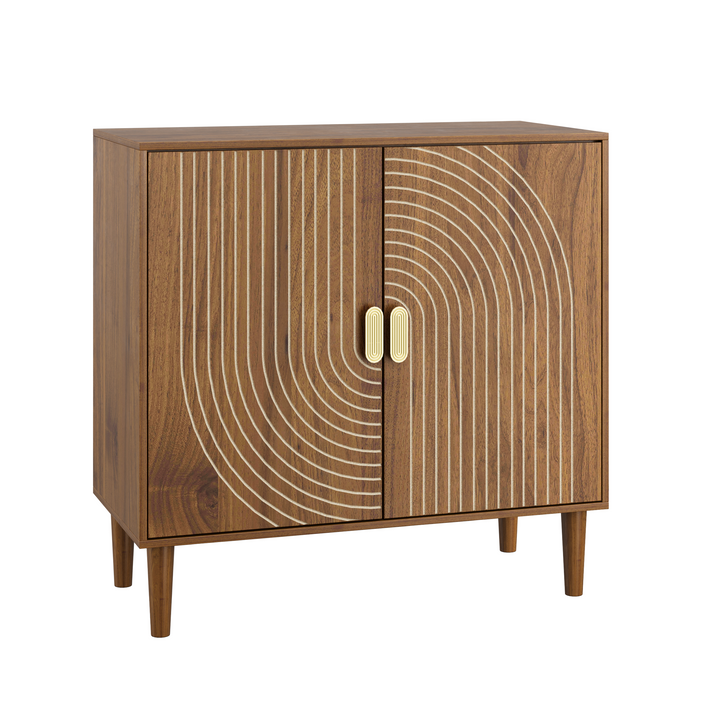 Walnut Salon Storage Cabinet with Line Groove Design