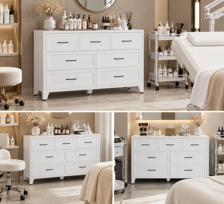 White 7-Drawer Metal Storage Dresser for Salon &amp; Spa