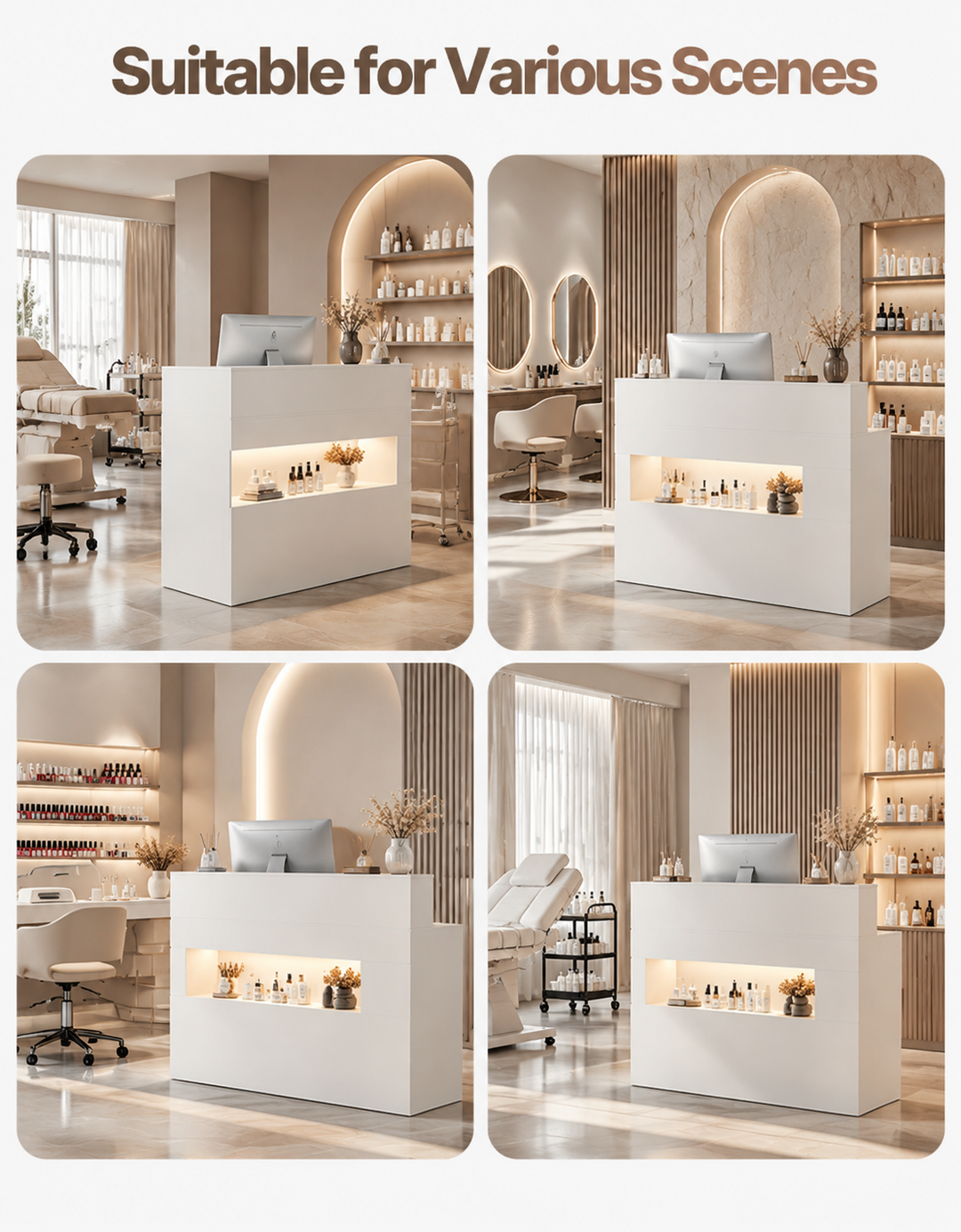 White Salon Reception Desk with LED Lights, Drawers &amp; Power Outlets