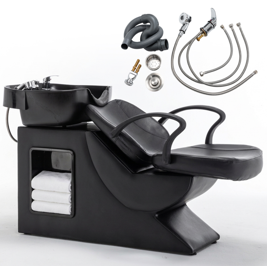 Black Salon Shampoo Backwash Unit with ABS Bowl and Storage