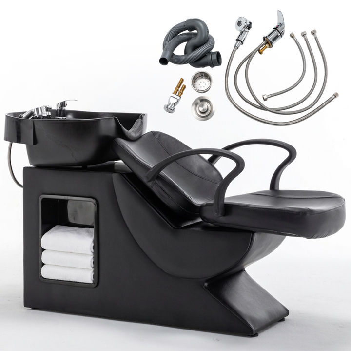 Black Salon Shampoo Backwash Unit with ABS Bowl and Storage