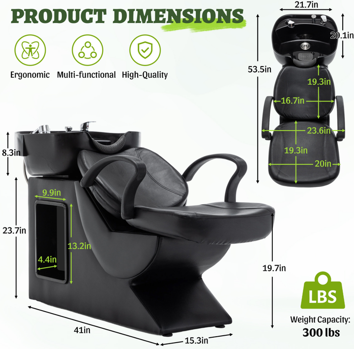Black Salon Shampoo Backwash Unit with ABS Bowl and Storage