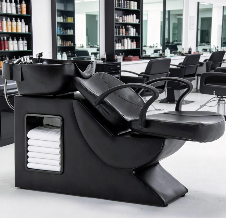 Black Salon Shampoo Backwash Unit with ABS Bowl and Storage