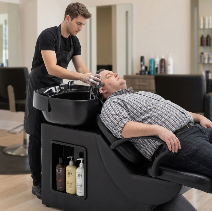 Black Salon Shampoo Backwash Unit with ABS Bowl and Storage