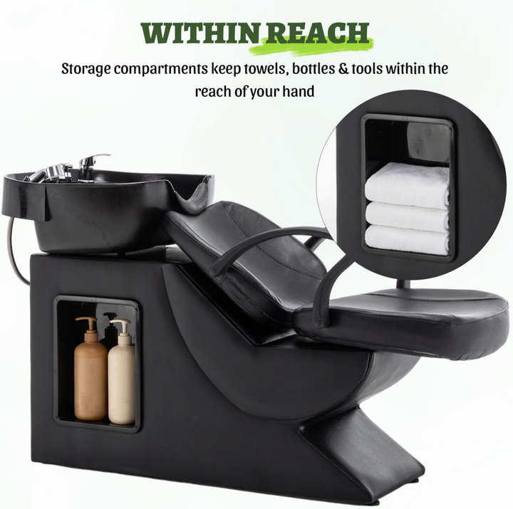 Black Salon Shampoo Backwash Unit with ABS Bowl and Storage