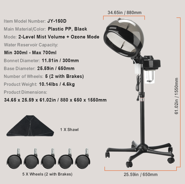 Professional Ionic Hooded Hair Steamer with Rolling Stand