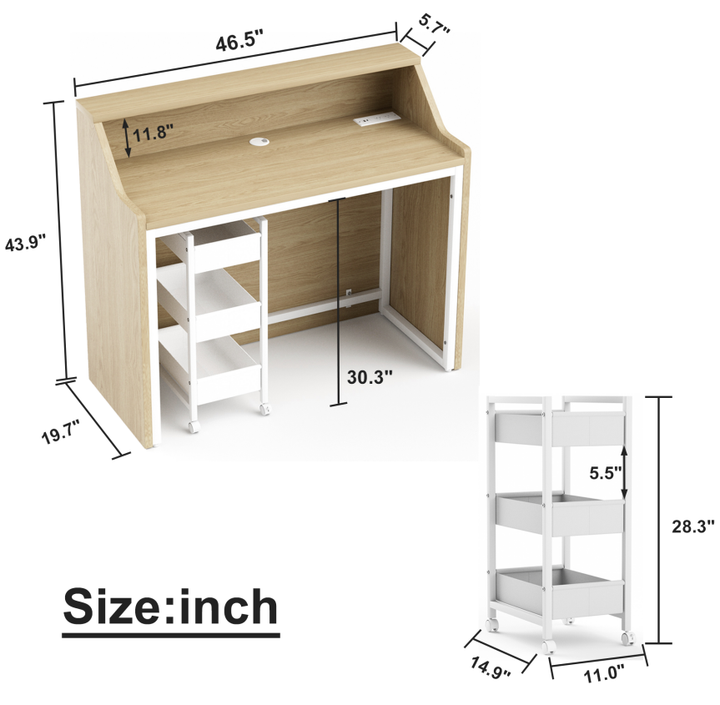 46.5" Modern Salon Reception Desk with Rolling Storage Cart