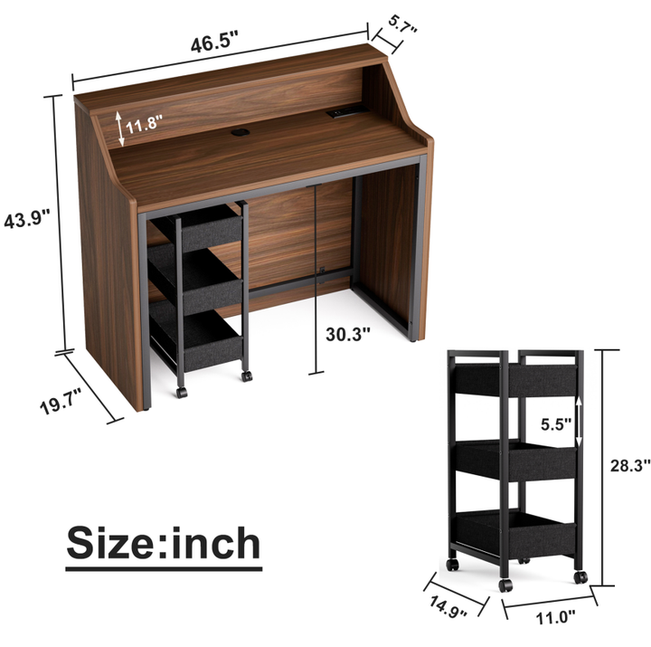 46.5" Walnut Salon Reception Desk with Rolling Storage Cart，Walnut+Black