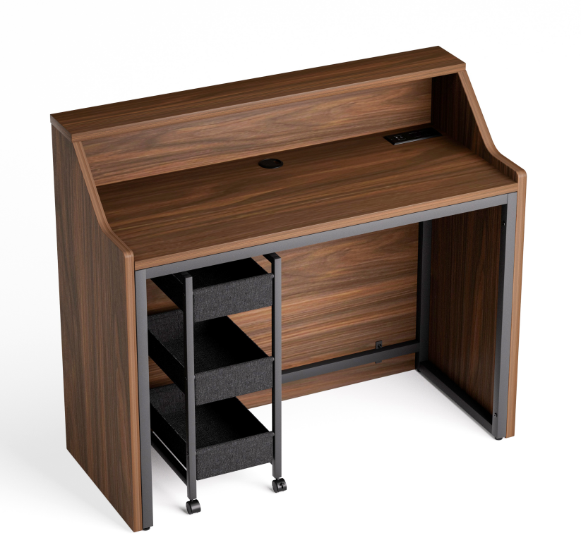 46.5" Walnut Salon Reception Desk with Rolling Storage Cart，Walnut+Black