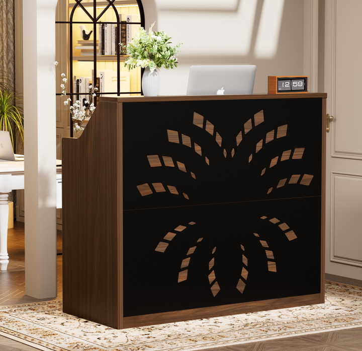 46.5" Walnut Salon Reception Desk with Rolling Storage Cart，Walnut+Black
