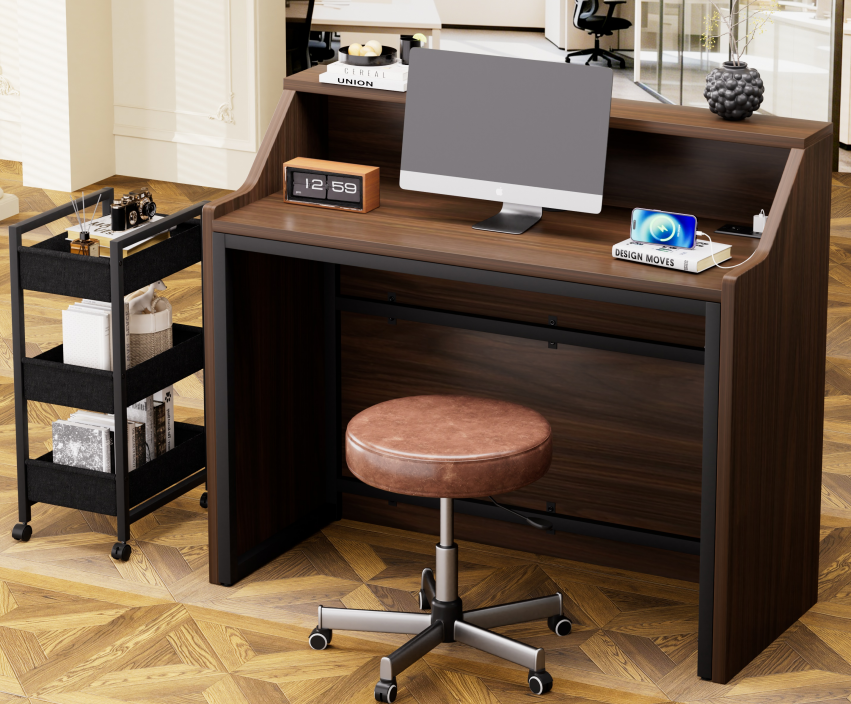 46.5" Walnut Salon Reception Desk with Rolling Storage Cart，Walnut+Black
