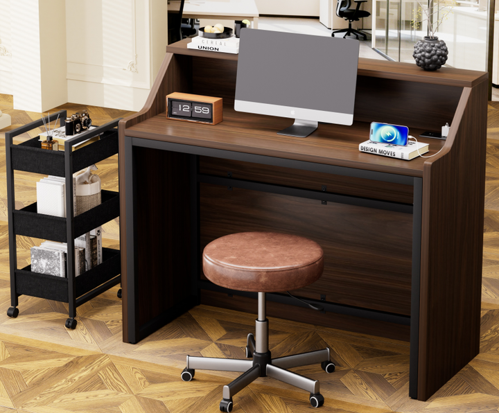 46.5" Walnut Salon Reception Desk with Rolling Storage Cart，Walnut+Black
