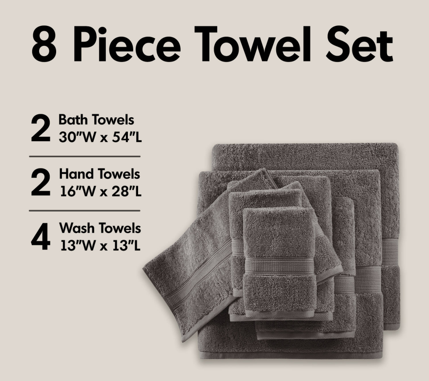 8-Piece Charcoal Cotton Towel Set for Spa &amp; Salon