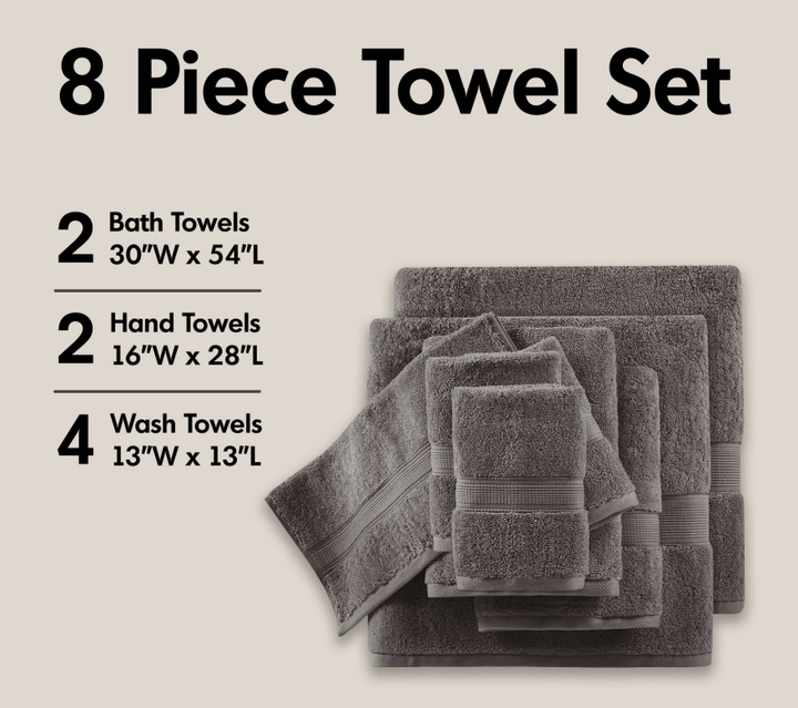 8-Piece Charcoal Cotton Towel Set for Spa &amp; Salon