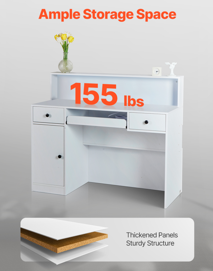 White Salon Reception Desk with LED Lights, Drawers &amp; Power Outlets