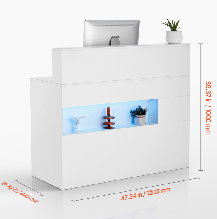 White Salon Reception Desk with LED Lights, Drawers &amp; Power Outlets