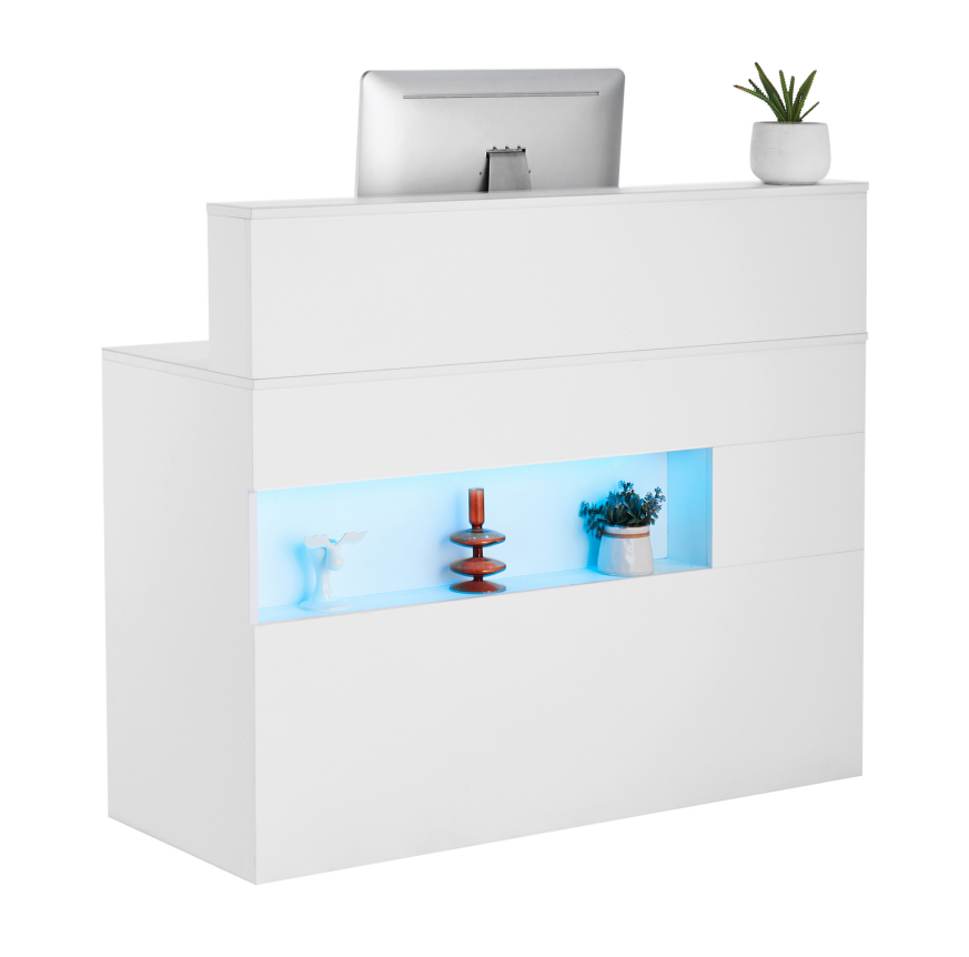 White Salon Reception Desk with LED Lights, Drawers &amp; Power Outlets