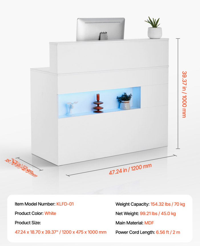 White Salon Reception Desk with LED Lights, Drawers &amp; Power Outlets
