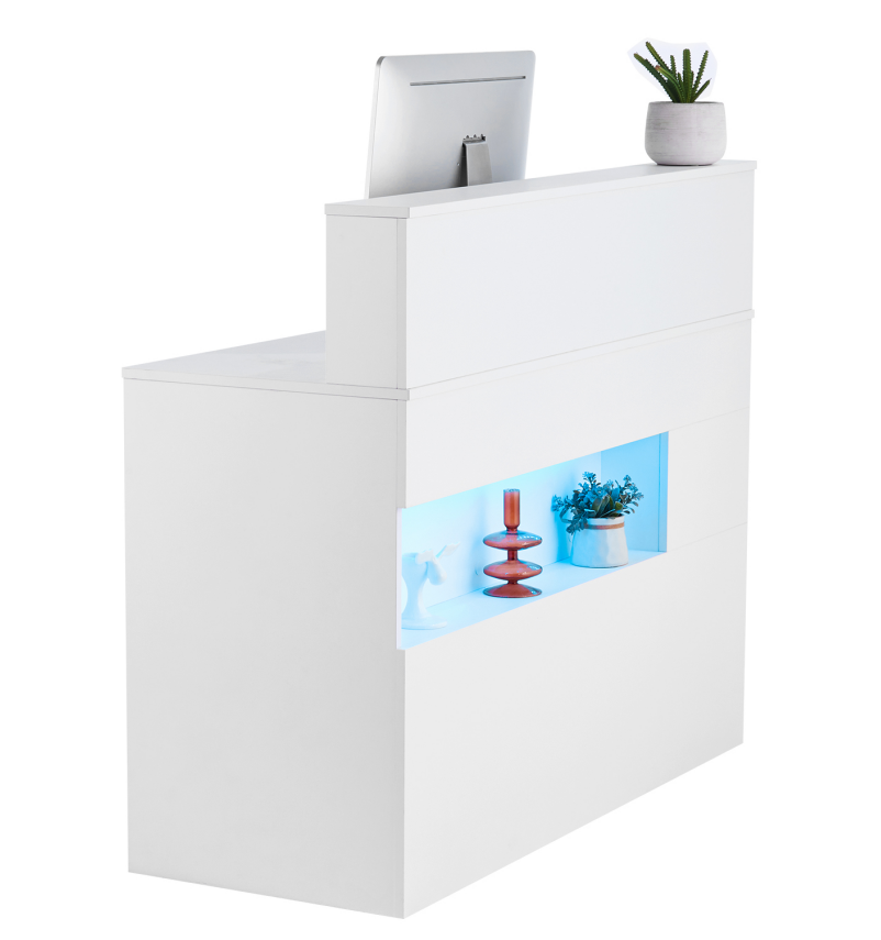White Salon Reception Desk with LED Lights, Drawers &amp; Power Outlets