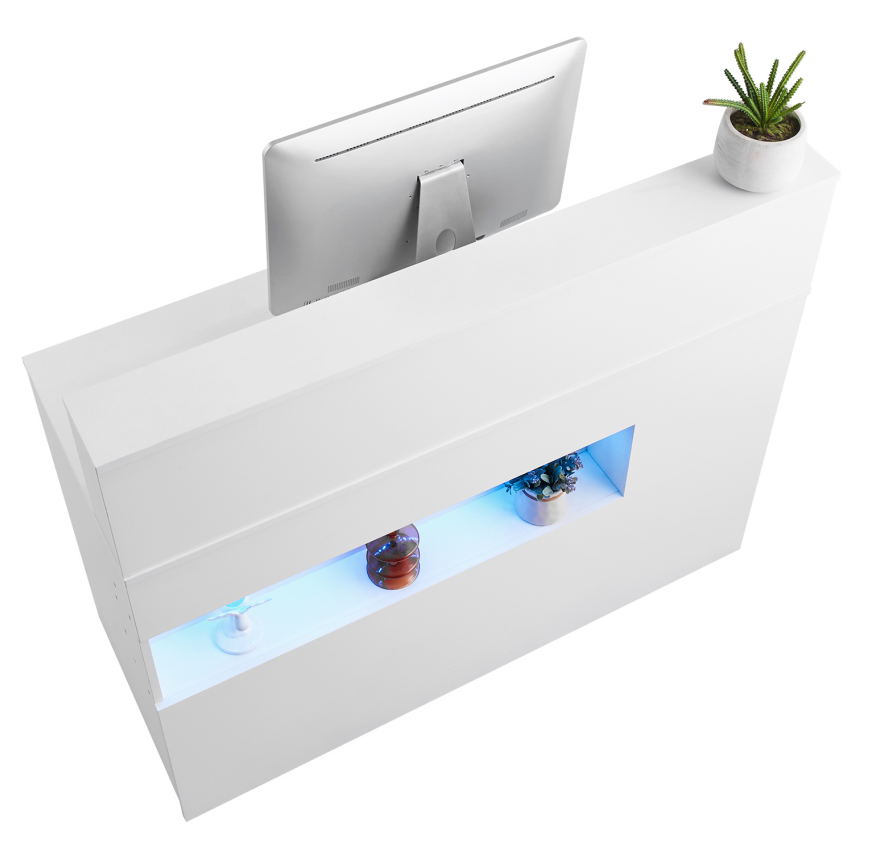 White Salon Reception Desk with LED Lights, Drawers &amp; Power Outlets