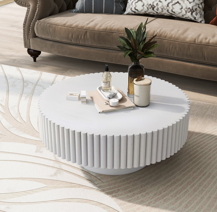 Round Fluted Coffee Table for Salon &amp; Spa Waiting Rooms – Retro White