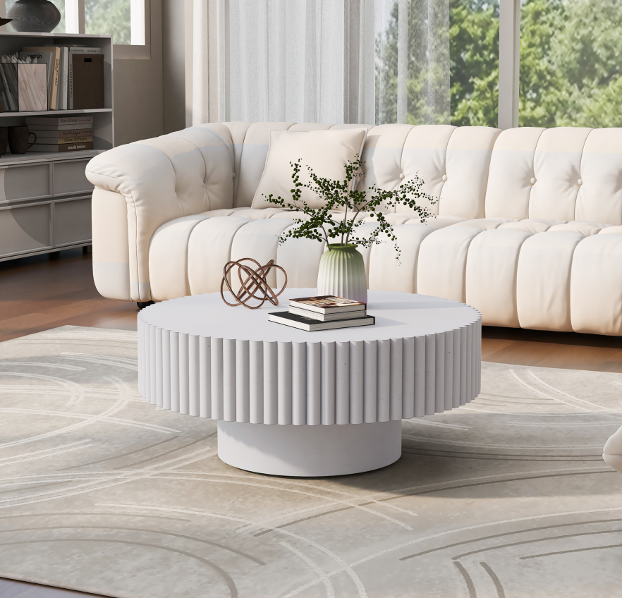Round Fluted Coffee Table for Salon &amp; Spa Waiting Rooms – Retro White