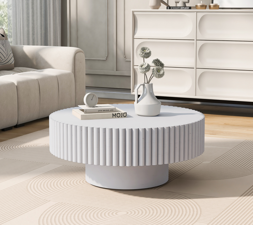 Round Fluted Coffee Table for Salon &amp; Spa Waiting Rooms – Retro White