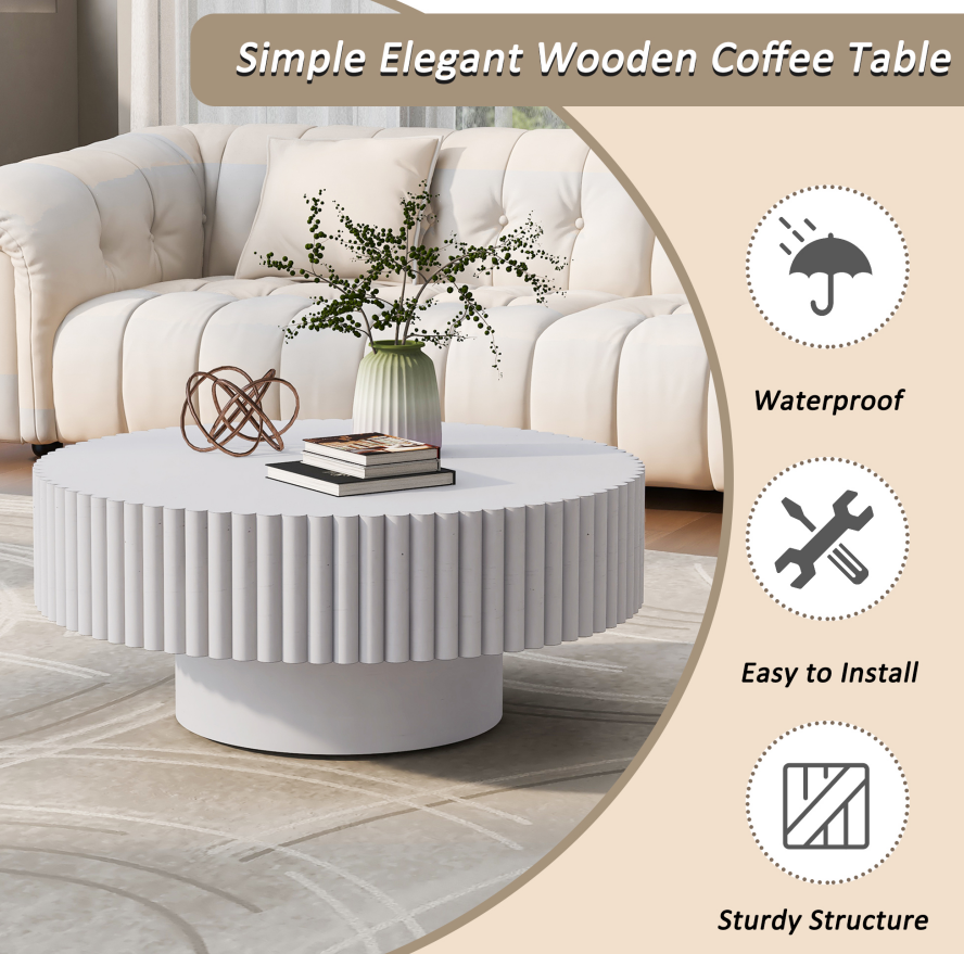 Round Fluted Coffee Table for Salon &amp; Spa Waiting Rooms – Retro White